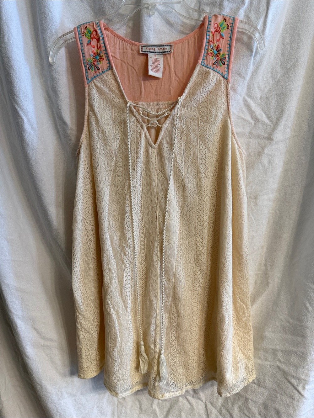 Flying Tomato Cream Lace Dress with Coral Embroidered Yoke